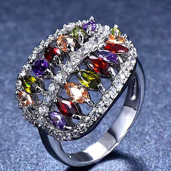 18K Gold Plated Rainbow Ring, Marquis Cut, Zircon, Multicolor - Picture 5 of 7